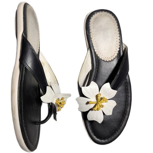 Vtg Y2K Lands' End Black White Leather Flower Accent Toe Post Thong Sandals Sz 6 - Picture 1 of 7